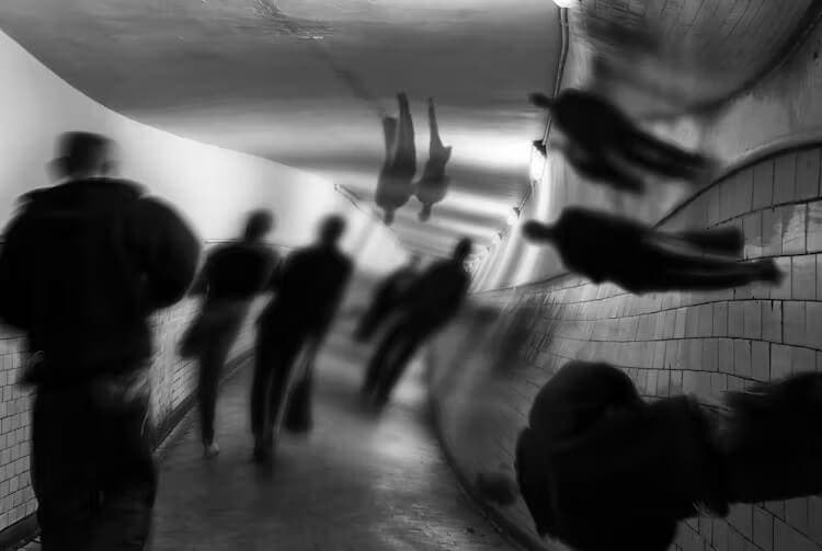 Άνθρωποι περπατούν σε τούνελ, με καθρέφτη στον τοίχο, σ.